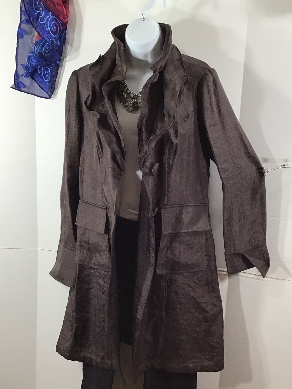 Joseph Ribkoff Shimmer Brown Ruffled neck taffeta Trench Coat jacket 6